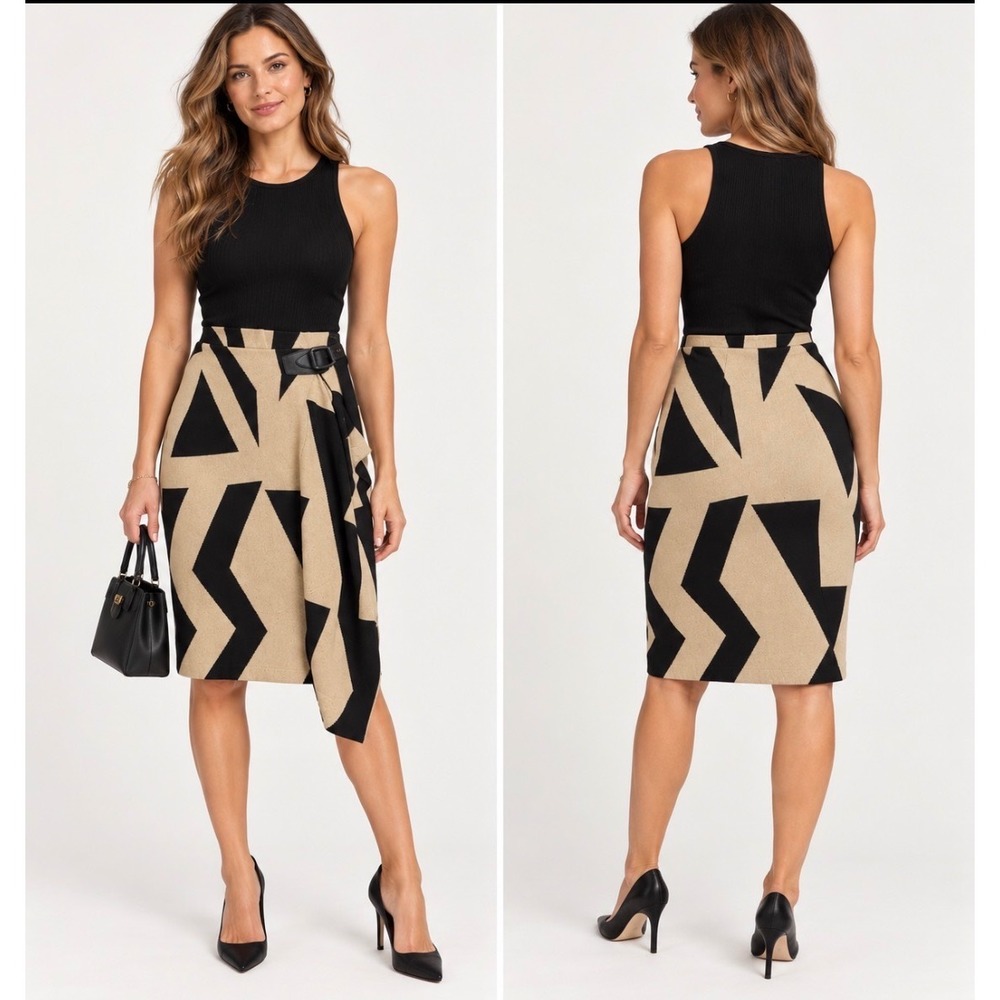NWOT Lauren Ralph Lauren Geo Print Faux Wrap Pencil Skirt Black Tan Buckle Small